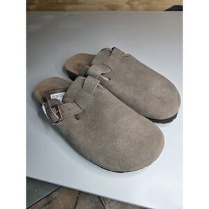 Qomfort Genuine Suede Clogs Comfort Plus Footbed Adjustable Buckle Taupe Size 40
